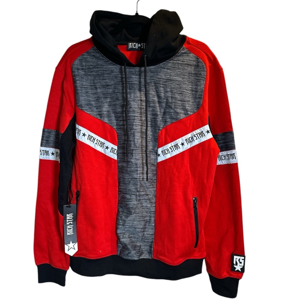 Red and Black Hoodie with Color-Blocked Design - Picture 3 of 7